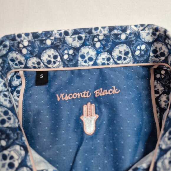 Luchiano Visconti Black Men's Shirt  Size S Long Sleeve Blue Skull (61) - Picture 7 of 9